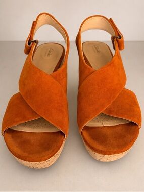 Clarks Maritsa Lara Platform Wedge Sandals Womens 7.5 Amber Rust Suede Cork Fall